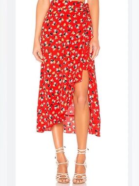 Faithfull the Brand Red Floral Wrap Midi Skirt